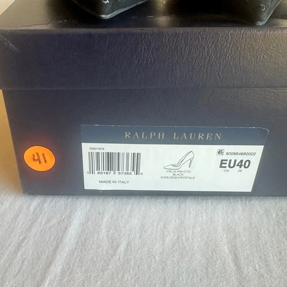 Ralph Lauren Purple Label Celia Black Suede Crystal Heel EU 40 Made in Italy New